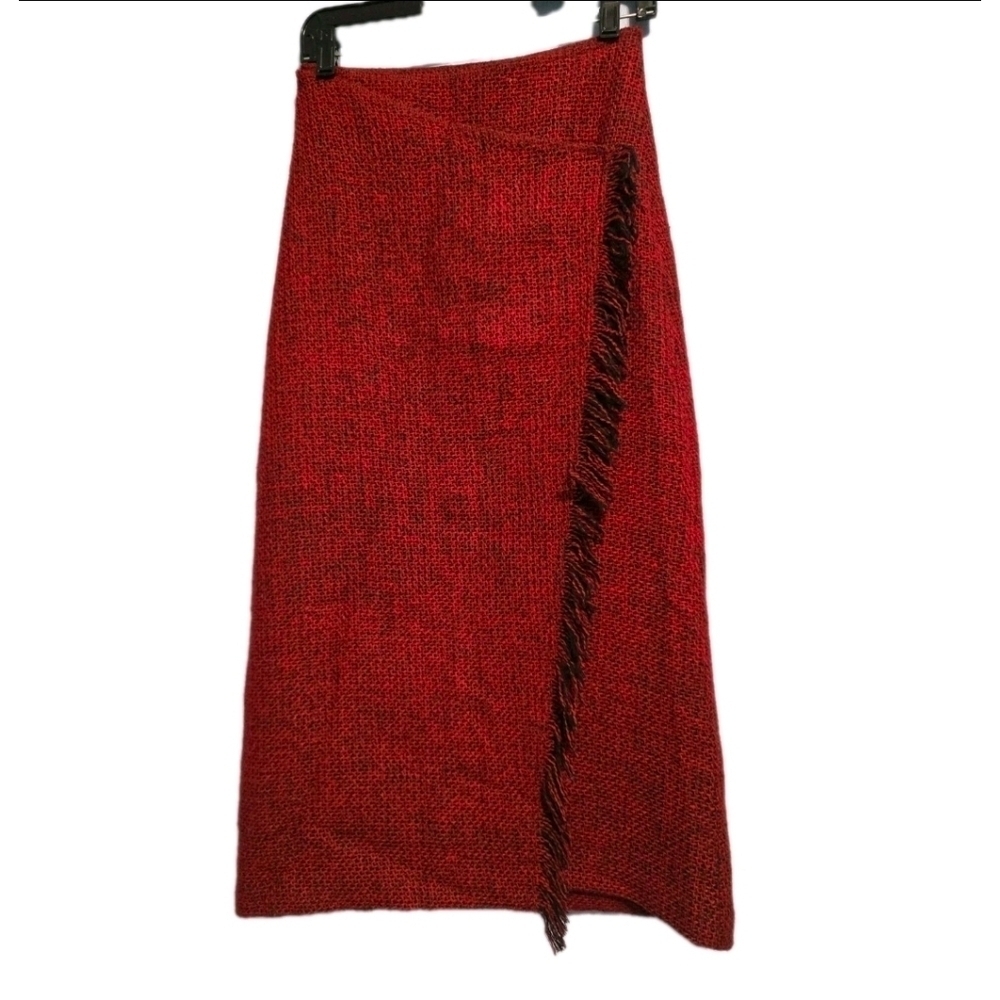 Butterfly Red Tweed Wrap Fringe Skirt S